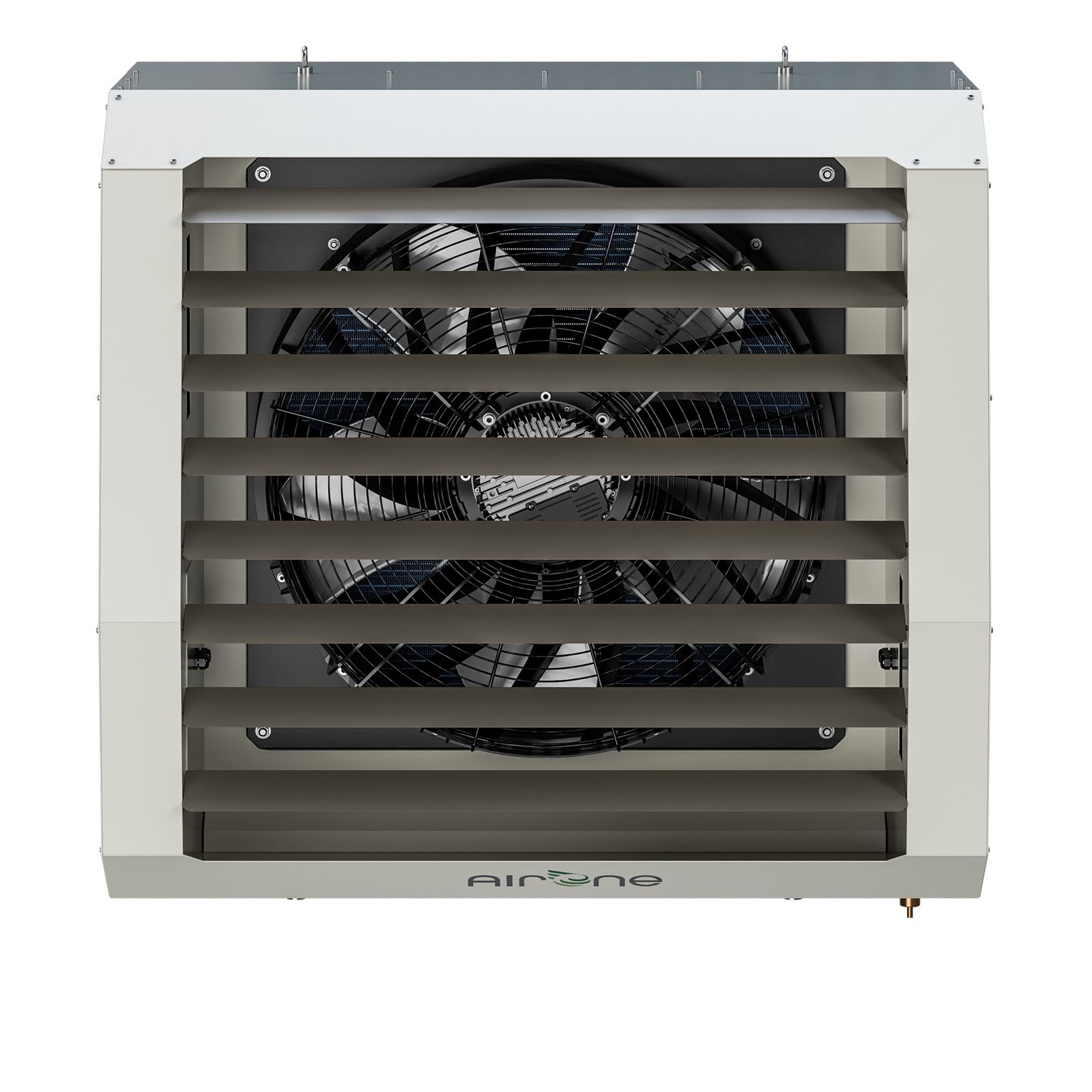 Rendering frontale AirONE Air Heater con ventilatore assiale e alette orientabili