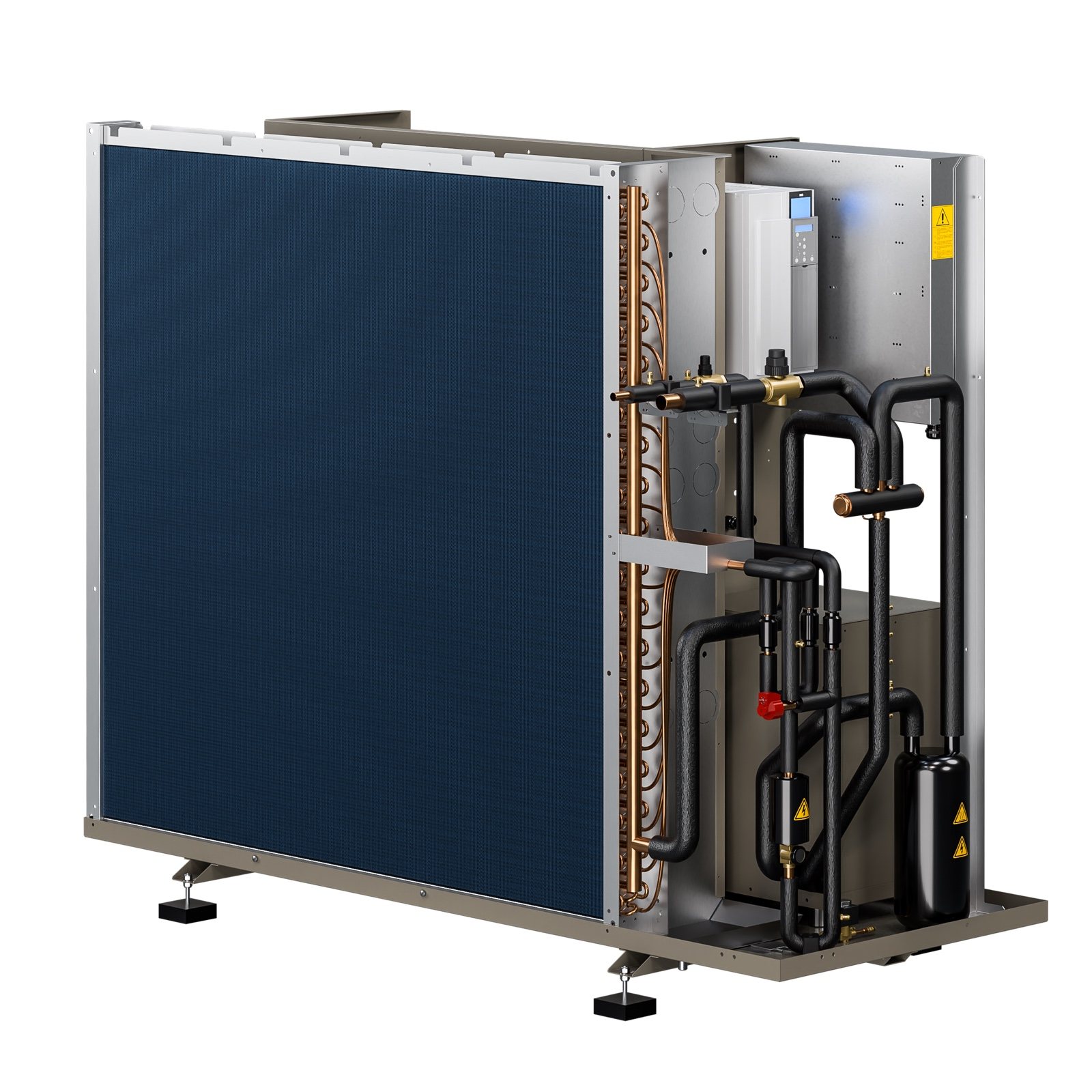 Rendering in vista aperta dell'unità esterna AirONE, con batteria e circuito frigorifero visibili