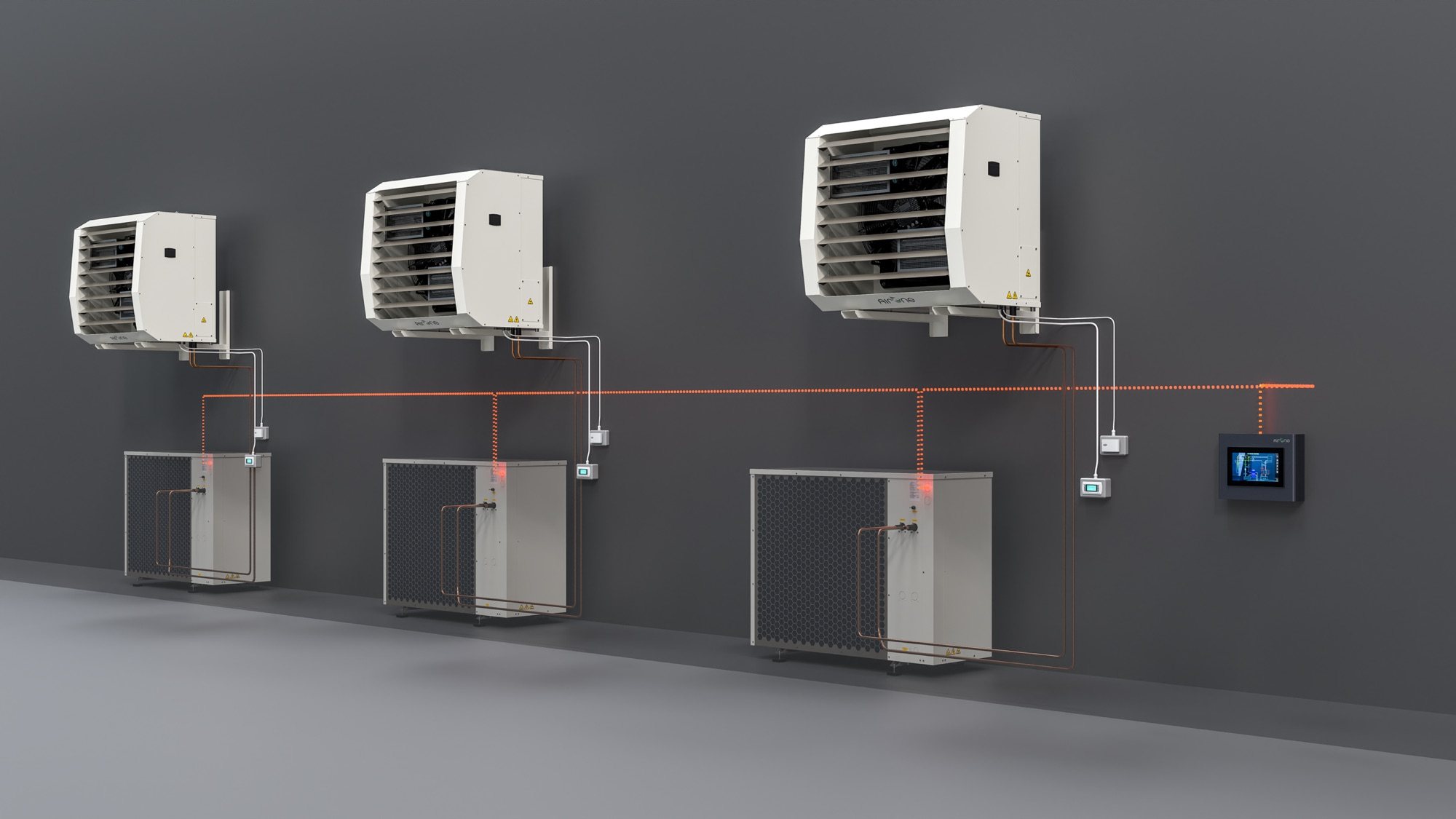 Tre sistemi AirONE collegati al controllo MultiAirONE con display touch di supervisione
