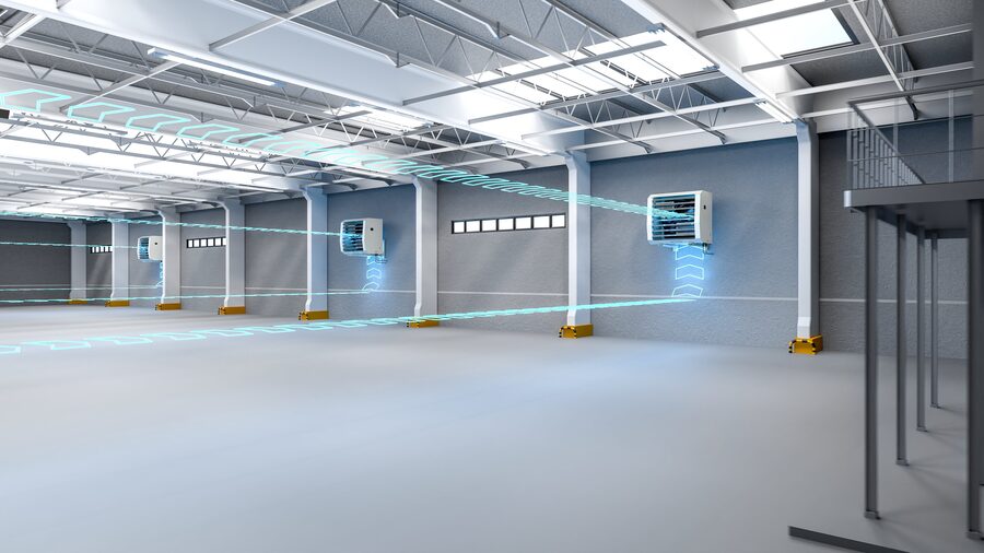 Rendering illustrativo di unità AirONE in un grande ambiente produttivo