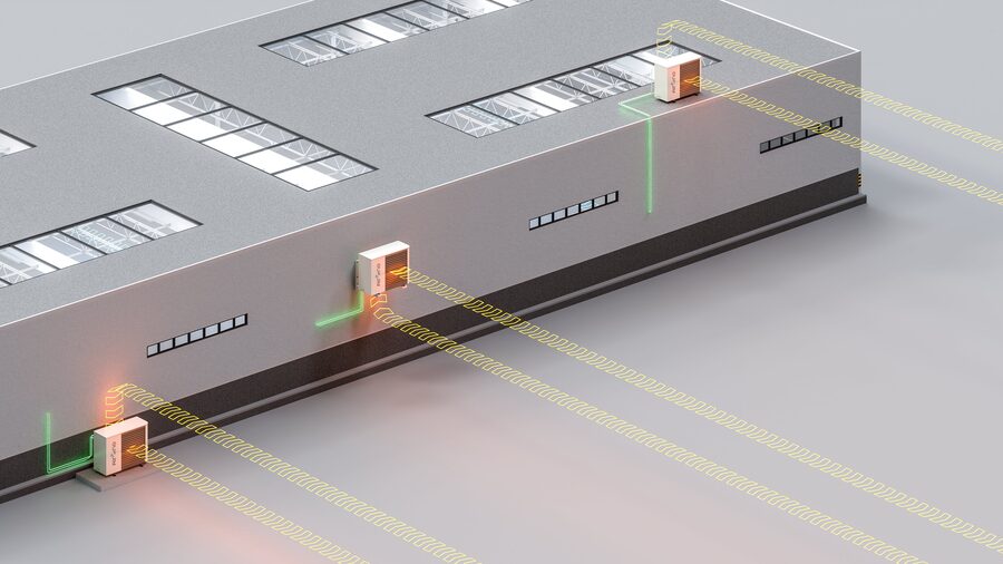 Rendering illustrativo di unità AirONE installate su un grande edificio produttivo